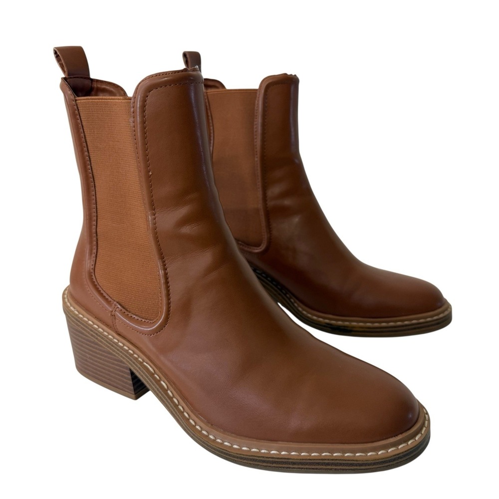 Steven by Steve Madden Cabell Tan‎ Chunky Heel Faux Leather Bootie Size 9 S2